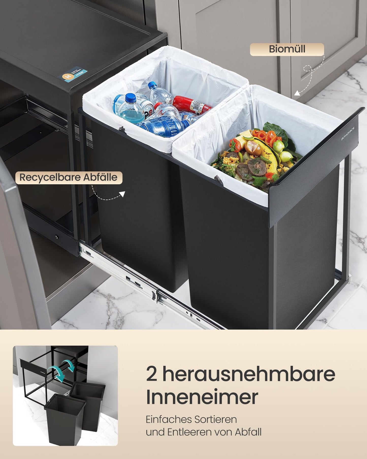 SONGMICS kitchen trash can, trash separation system for base cabinet, 2 x 20 L, trash can with 2 compartments, extendable, steel frame, ABS lid, ink black LTB951B01