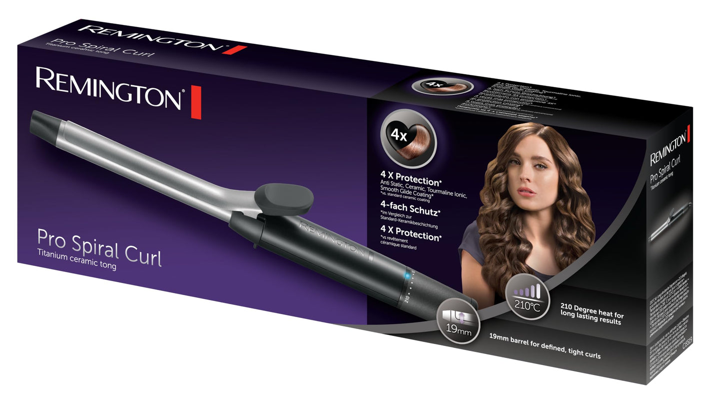 Remington curling iron small curls [19mm] Pro Sprial Curl (4-fold protection, antistatic ceramic tourmaline coating) -Digital display up to 210°C, with clamp, tight & defined ringlets, CI5519
