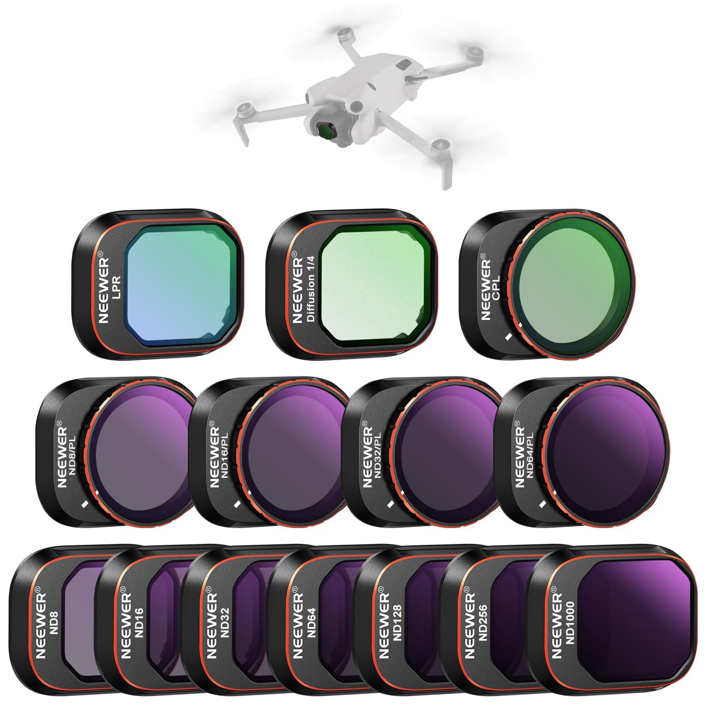 NEEWER filter set compatible with DJI Mini 4 Pro, ND8/16/32/64/128/256/1000, ND8/PL, ND16/PL, ND32/PL, ND64/PL, LPR, CPL, Black Diffusion 1/4 filter for a cinematic fog effect, FL-B05 - 10105745
