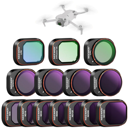 NEEWER filter set compatible with DJI Mini 4 Pro, ND8/16/32/64/128/256/1000, ND8/PL, ND16/PL, ND32/PL, ND64/PL, LPR, CPL, Black Diffusion 1/4 filter for a cinematic fog effect, FL-B05 - 10105745