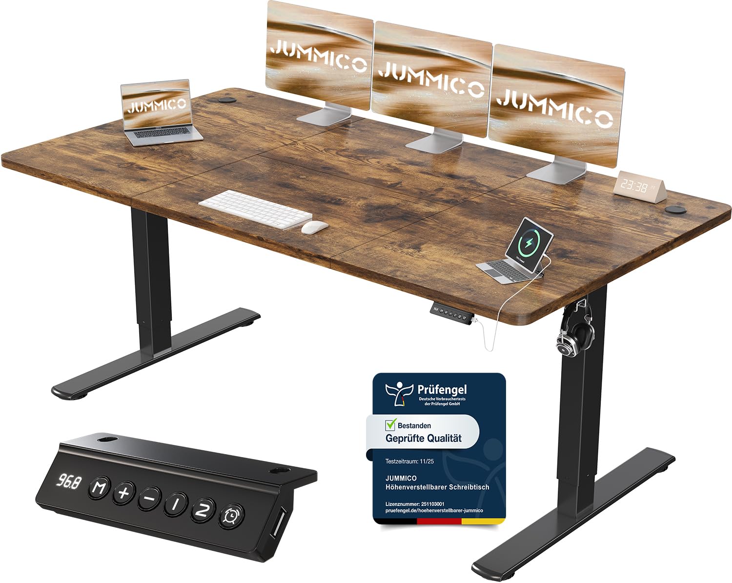 JUMMICO Birou reglabil pe înălțime cu port de încărcare USB, birou electric reglabil pe înălțime 180 x 80 cm, masă stand-sit, birou standing, masă de calculator reglabilă, birou standing, maro - 0403