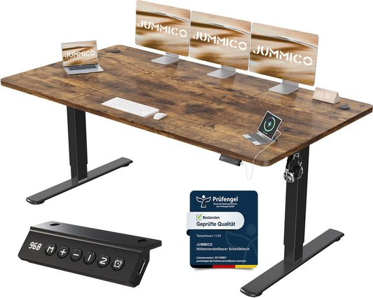 JUMMICO Height-adjustable desk with USB charging port, desk height-adjustable electric 180 x 80 cm, stand-sit table, standing desk, adjustable computer table, standing desk, brown - 0403