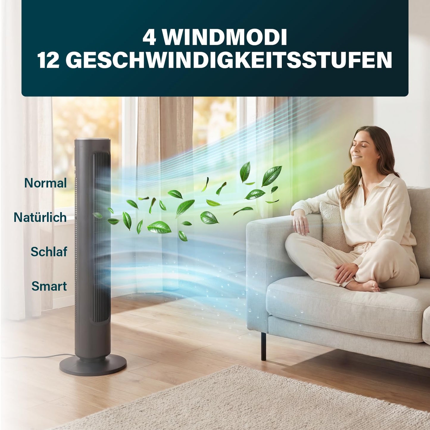 Princess Pedestal Fan - Elegant Design - 50W - Powerful, Quiet, Low Consumption - Height: 101.5cm - Oscillating - 4 Modes - 12 Speed Settings - 352390 - 01.352390.01.001