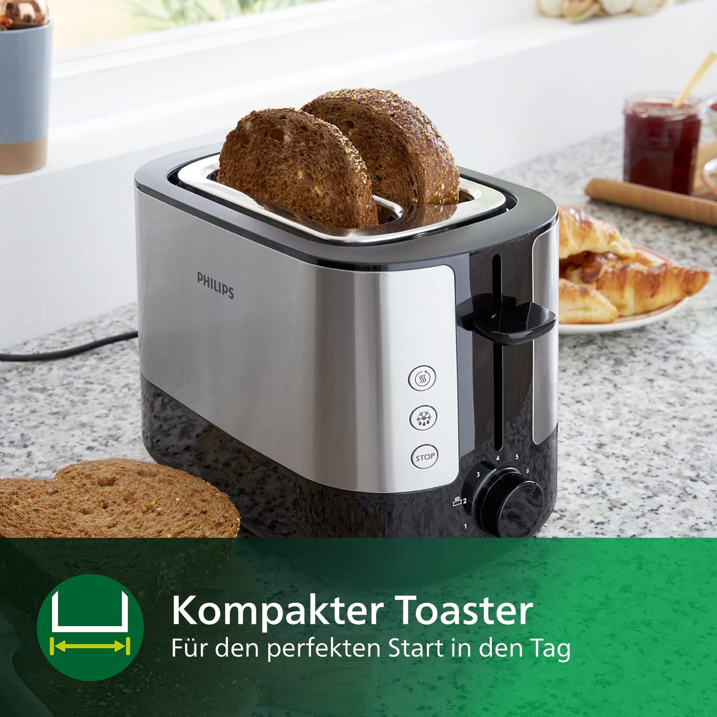 Philips toaster - 2 toast slots, 7 levels, bun attachment, defrost function, automatic switch-off, lift function, black (HD2637/90)