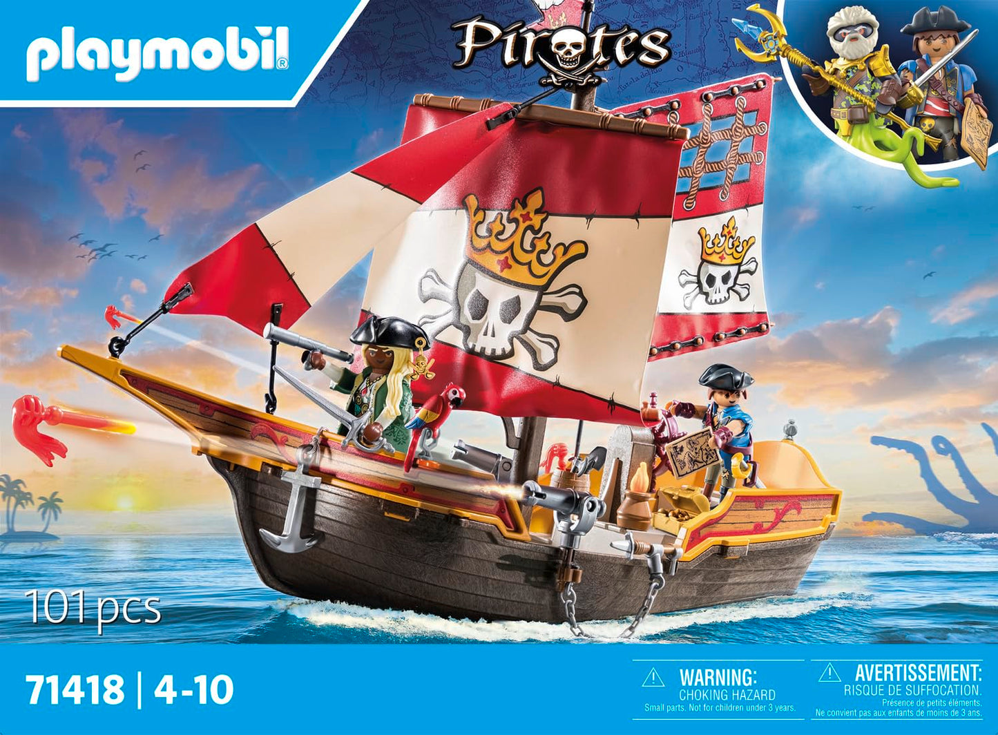 PLAYMOBIL Pirates 71418 pirate ship, exciting adventures on the high seas, with extensive accessories such as telescope, compass and cannons, toy for children aged 4 and over