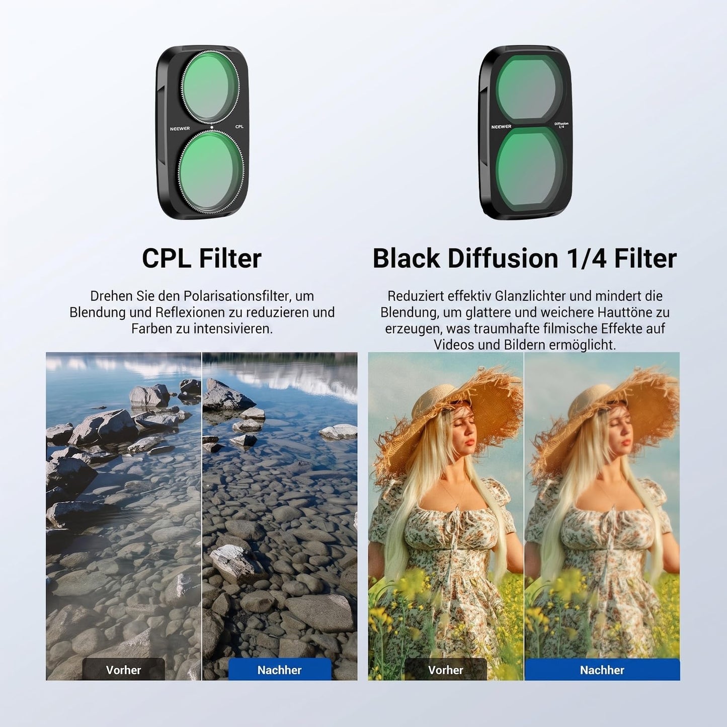 NEEWER ND Filter Set compatible with DJI Osmo Pocket 4P only, Variable Neutral Density Filter (ND2-32) + CPL + 1/4 Black Diffusion Gimbal Action Cam Lens Filter Screen Protector Photography Accessories Kit - FL-P23