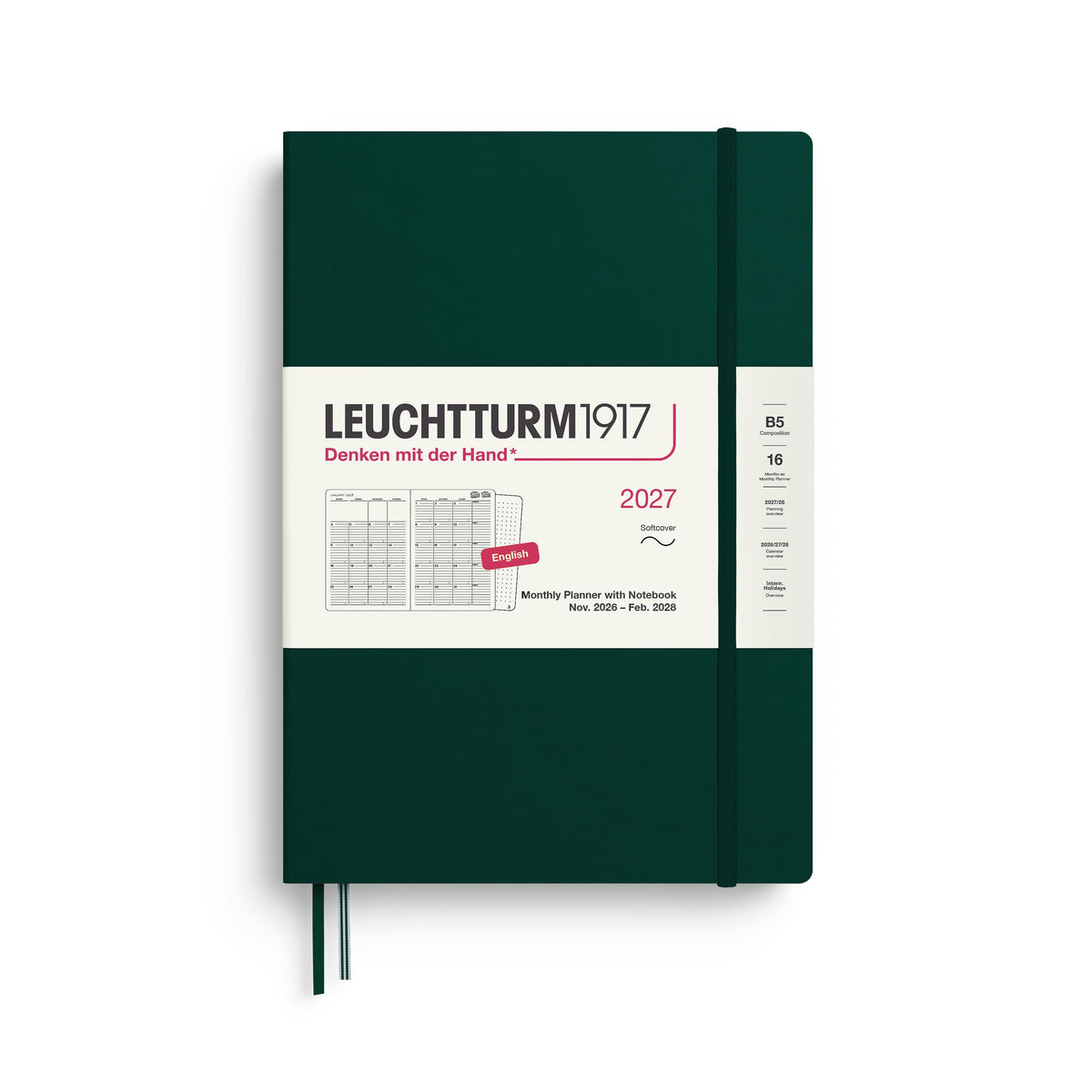LEUCHTTURM1917 planificator lunar cu caiet 2027 Compoziție (B5) - engleză, verde pădure, copertă moale, 16 luni (01.11.2026-28.02.2028), 132 pagini de note punctate cu cuprins - 400340