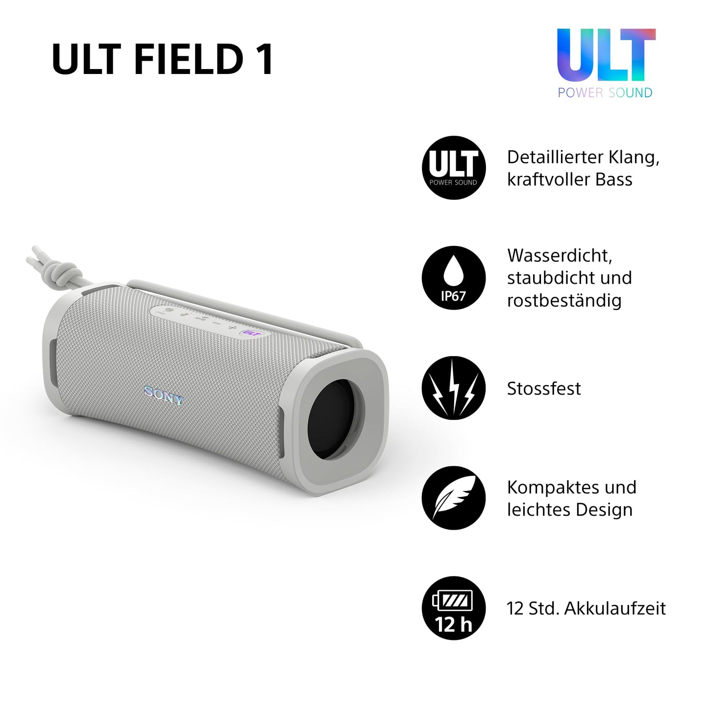 Sony ULT Field 1 - Wireless portable Bluetooth speaker with ULT Power Sound, powerful bass, IP67, waterproof, dustproof, shockproof, 12h battery, clear call quality, outdoor - Off-White - SRSULT10W.CE7