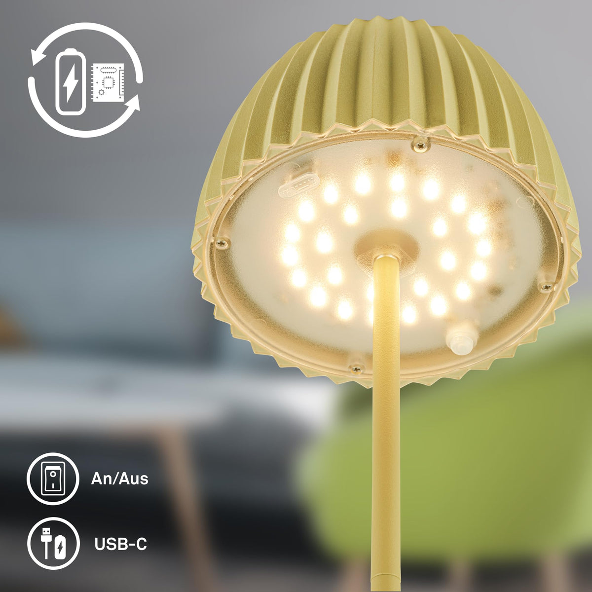 BRILONER - Riffle LED Table Lamp Wireless IP44 with Light Edge, Touch Dimmer, Replaceable Battery, Nightstand Lamp, Reading Lamp, LED Lamp, Battery Lamp, German Design Award Winner 2025, 14.5x36.5 cm, Green - 7553019