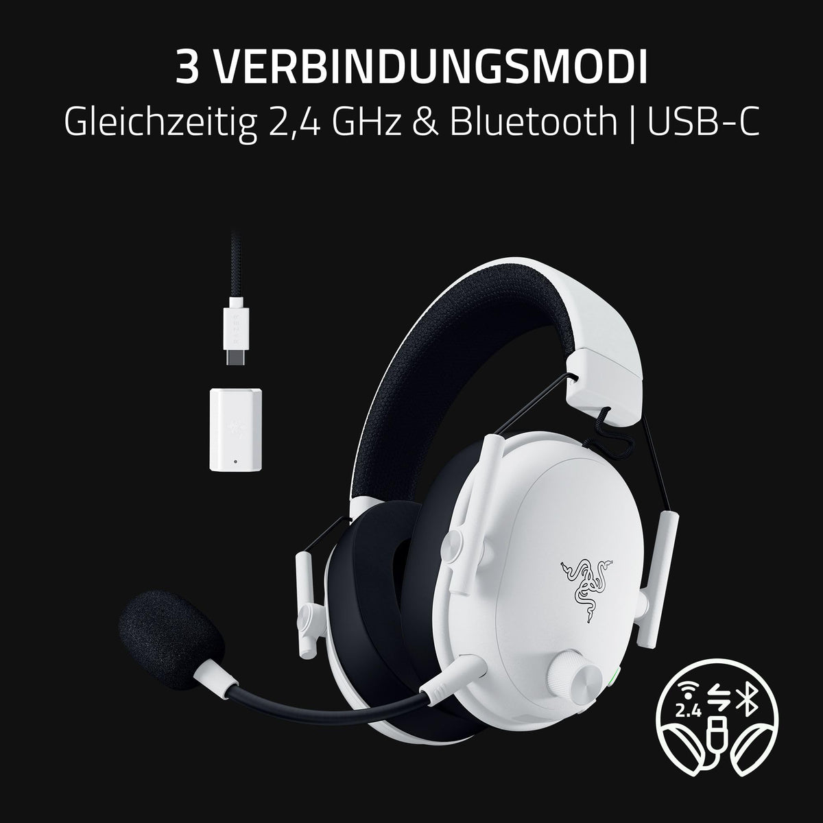Razer BlackShark V3 - Căști wireless E-Sports - Driver Triforce de 50 mm - Microfon de bandă largă detașabil - THX Spatial Audio - Wireless 2,4 Ghz și Bluetooth - Profiluri FPS - PC/Mac | Alb - RZ04-05410400-R3M1