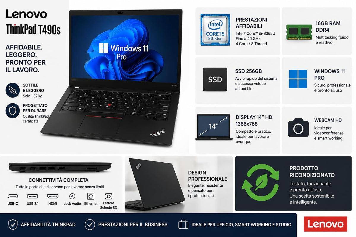 Laptop de afaceri Lenovo Thinkpad T490s, HD de 14 inchi (1366x768), Intel Core i5-8365U, 16 GB RAM, 256 GB SSD, tastatură QWERTY SUA, Windows 11 Pro (renovat)