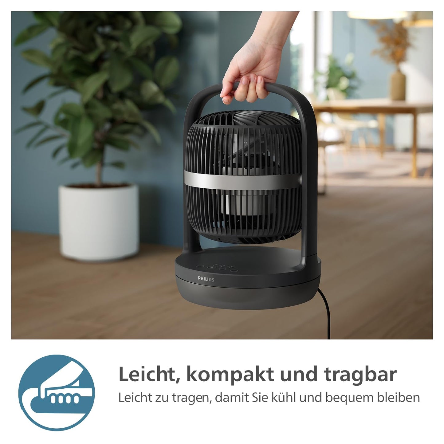 Philips Oscillating Table Fan Series 3000, Strong & Super Quiet with SilentWings Technology at 23 dB, Easy to Carry, Tilt 180°, Timer, Black (CX3050/01)