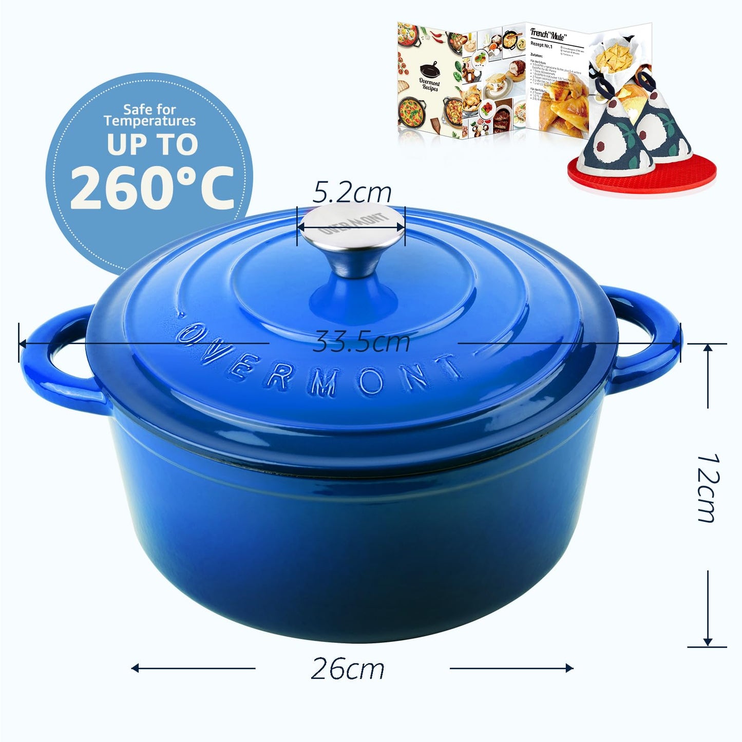 Overmont Casserole Cast Iron Pot 26cm - Enamel Roaster with Lid Oven Safe - with Cookbook - for Kitchen Baking Stewing Roasting Blue - OM-Enamel