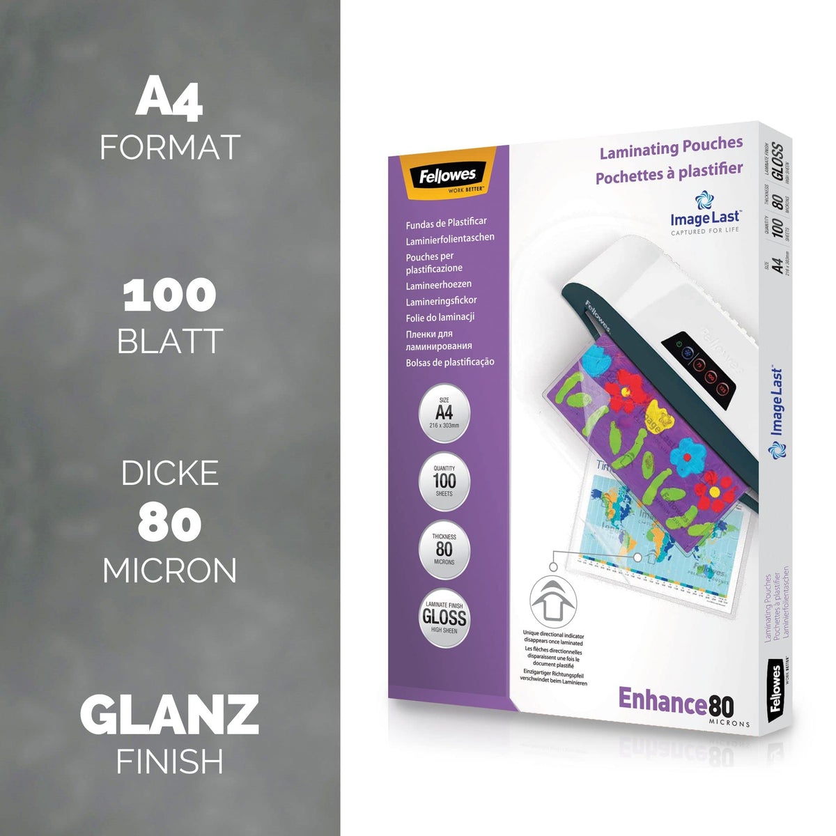 Fellowes Laminating Sheets A4, glossy, laminating film with 80 mic per side, featuring ImageLast alignment aid, for hot lamination, value pack with 500 high-quality laminating sheets (5 packs of 100 sheets each). - 5306127