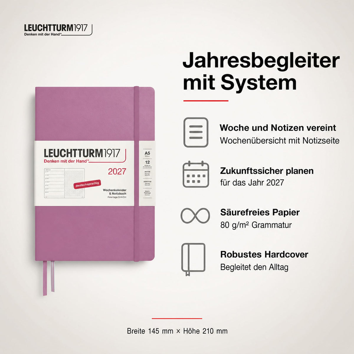 LEUCHTTURM1917 Calendar săptămânal 2027 punctat mediu (A5) cu caiet - Planificator de întâlniri german, Dusty Rose, ianuarie-decembrie 2027, Prezentare generală săptămânală în stânga + Pagina de note în dreapta - 400091
