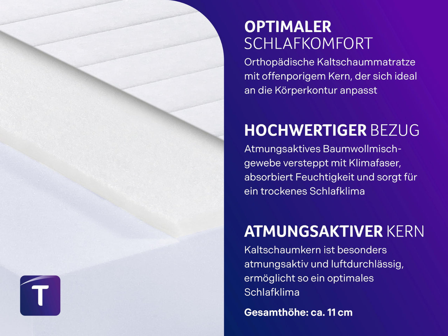 Dream Night Easy Comfort cold foam mattress 90x190 cm | H3 medium strength | Ergonomic & breathable | Oeko-Tex certified | 11 cm height | Hypoallergenic & Antibacterial | German quality standard - 03900901128