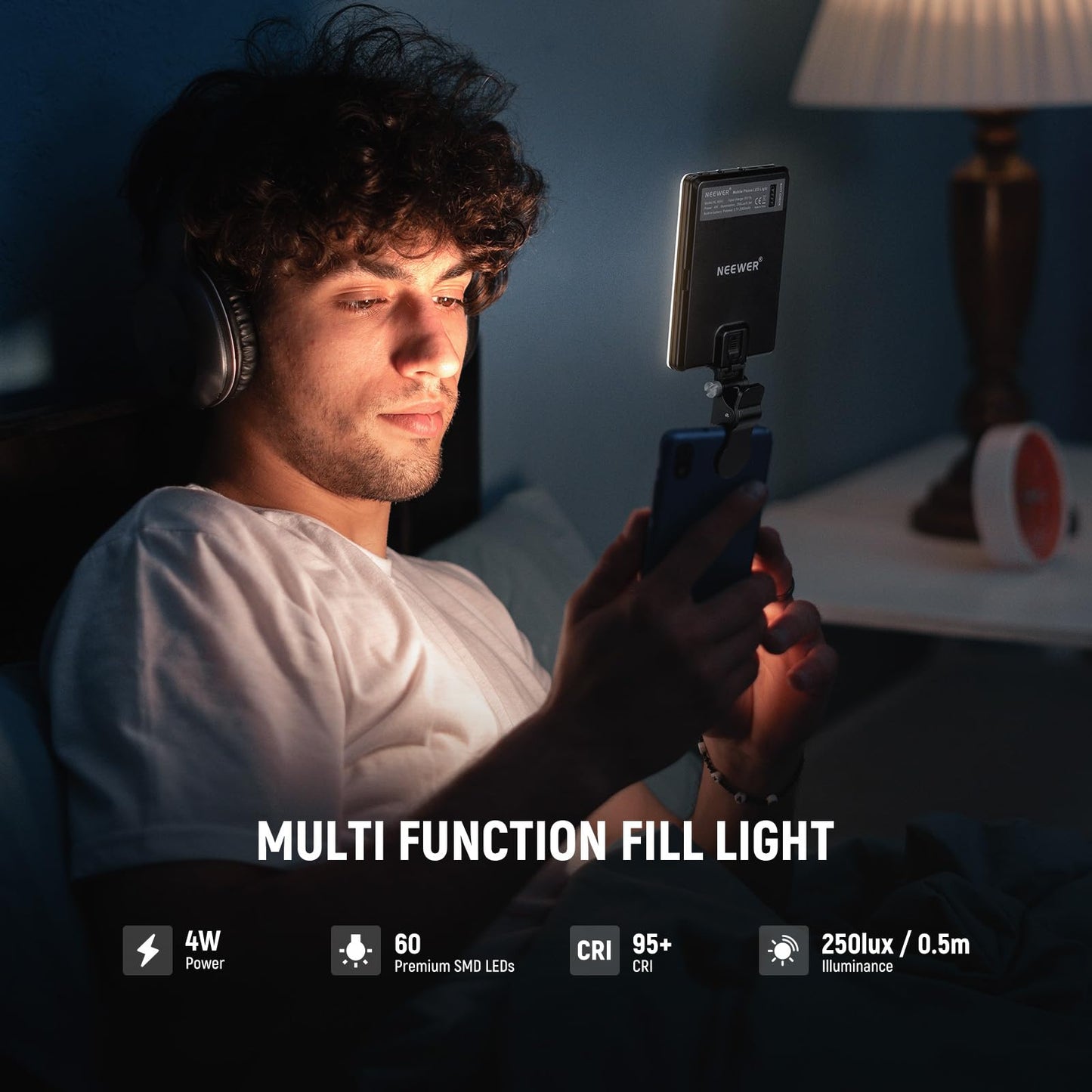 NEEWER Basic Clip On Selfie Light Compatible with iPhone, 2000mAh Rechargeable LED Video Light with Mobile Phone Clamp for Computer Webcam, Laptop, Zoom Video Conferences, Make Up Photography, NL-60AI