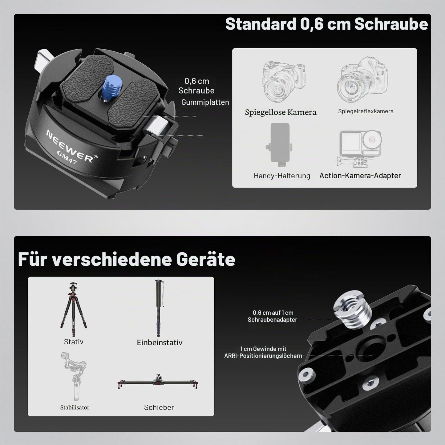 NEEWER GM47 quick release plate kit, quick release auto lock square QR plate compatible with Peak Design Capture V3 clip, Arca Type Clamp Base compatible with Arca Swiss DJI Ronin RS 4 Pro RS 3 RS 2 - 10104399
