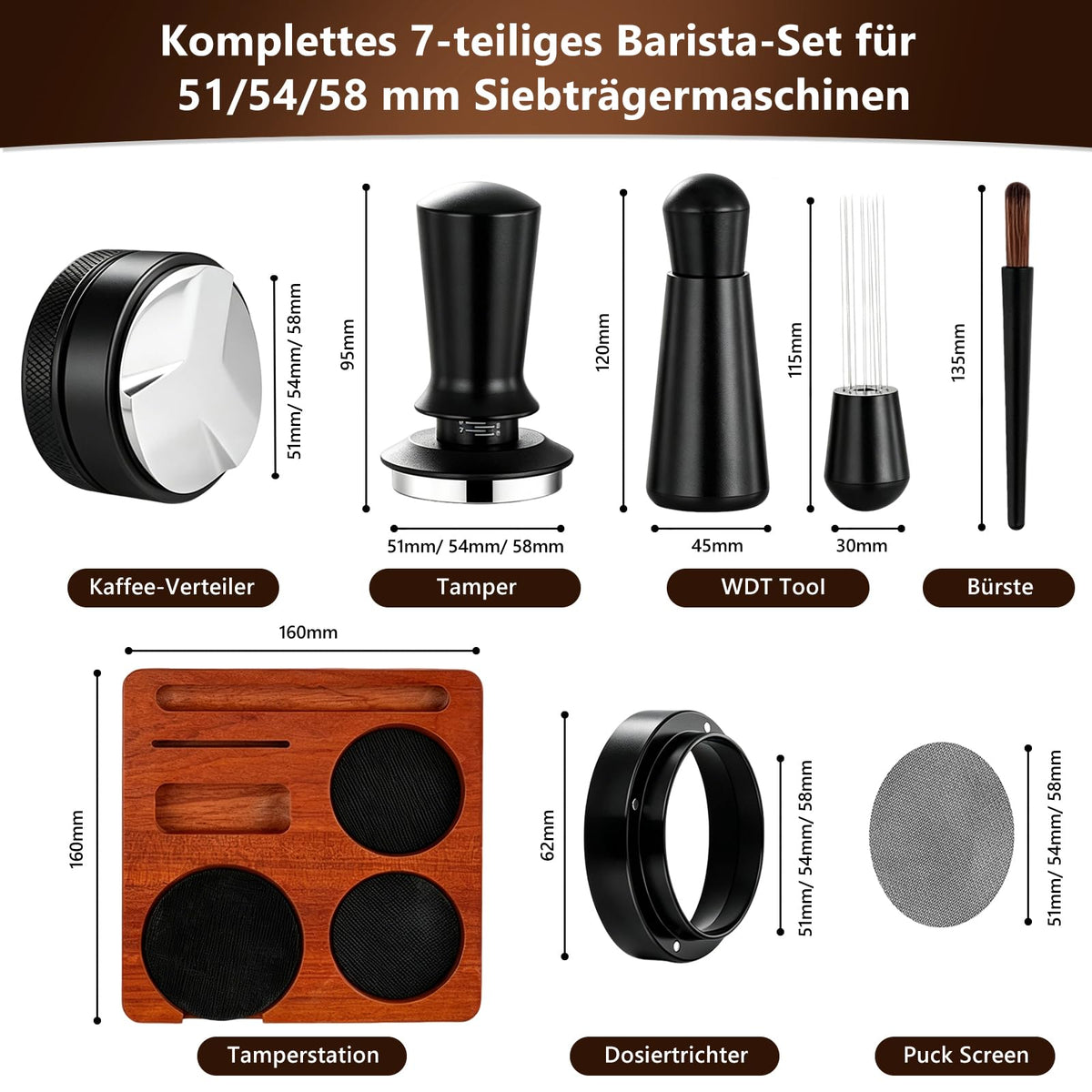 NPOIAUG Espresso Accessory Set 7-piece – WDT Tool, Tamper, Distributor, Dosing Ring & Tamper Station | Barista Set made of stainless steel for espresso machines | Step-by-step accessories for café (51mm) - ZQ-KFYF