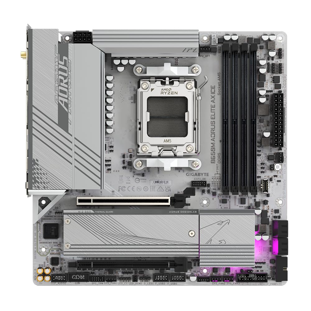 GIGABYTE B650M AORUS Elite AX Ice Mainboard - AMD Ryzen 9000 Series, 12+2+2 Phase VRM, up to 8000 MHz DDR5 (OC), 1x PCIe 5.0 + 1x PCIe 4.0 M.2, 2.5 GbE LAN, WiFi 6E, USB 3.2 Gen 2x2
