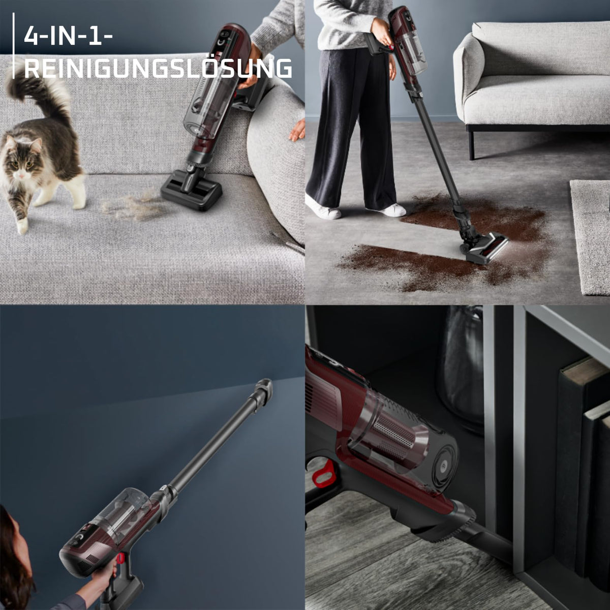 Rowenta X-Pert 6.80 cordless stick vacuum cleaner, powerful 100 AW, long runtime of up to 60 minutes, LED nozzle, only 1.4 kg as a handheld vacuum, includes pet hair accessories, wine red/black, RH6485E0