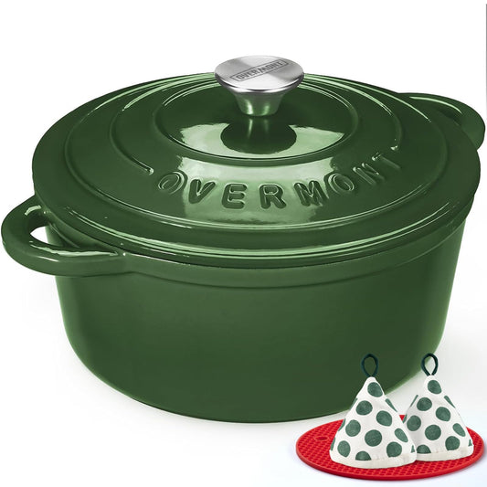 Overmont roasting pan enamel cast iron pot - casserole 28cm oven-safe - with lid and cookbook - for kitchen baking stewing roasting light green - 28CM-Enamel-Highlighter