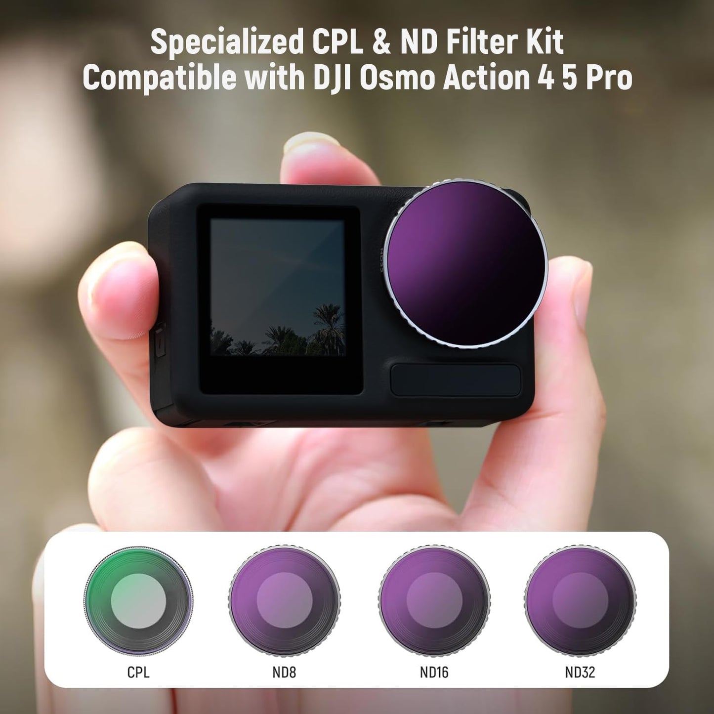 NEEWER CPL & ND filter set compatible with DJI Osmo Action 4/Action 5 Pro (pack of 4), screw-on polarizing filter CPL+ND8+ND16+ND32 action camera accessories, multi-coated optical, FL-A12 - 10105202