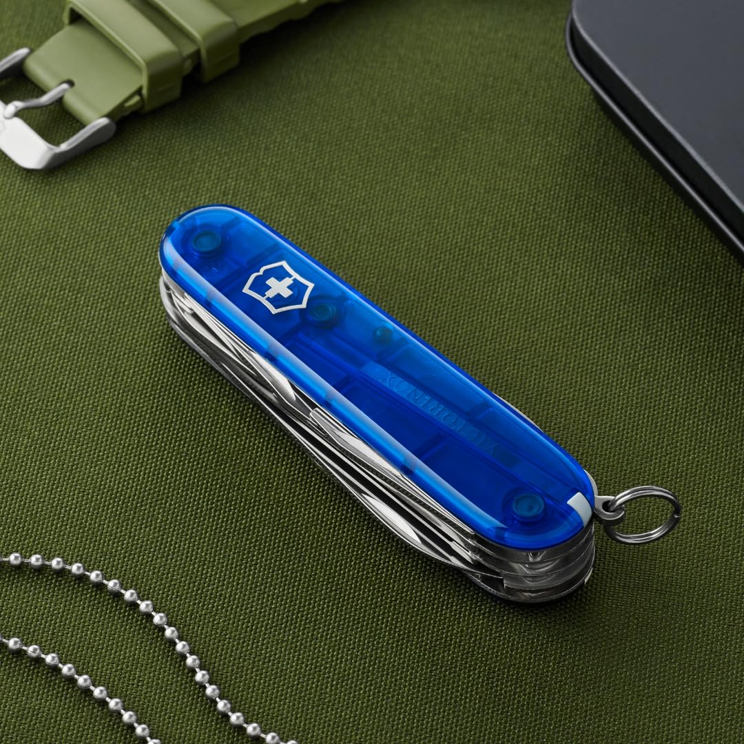 Victorinox Swiss Army Knife Huntsman, Multitool, Swiss Army Knife with 15 functions, blade, corkscrew, can opener, folding box, blue transparent - 1.3713.T2