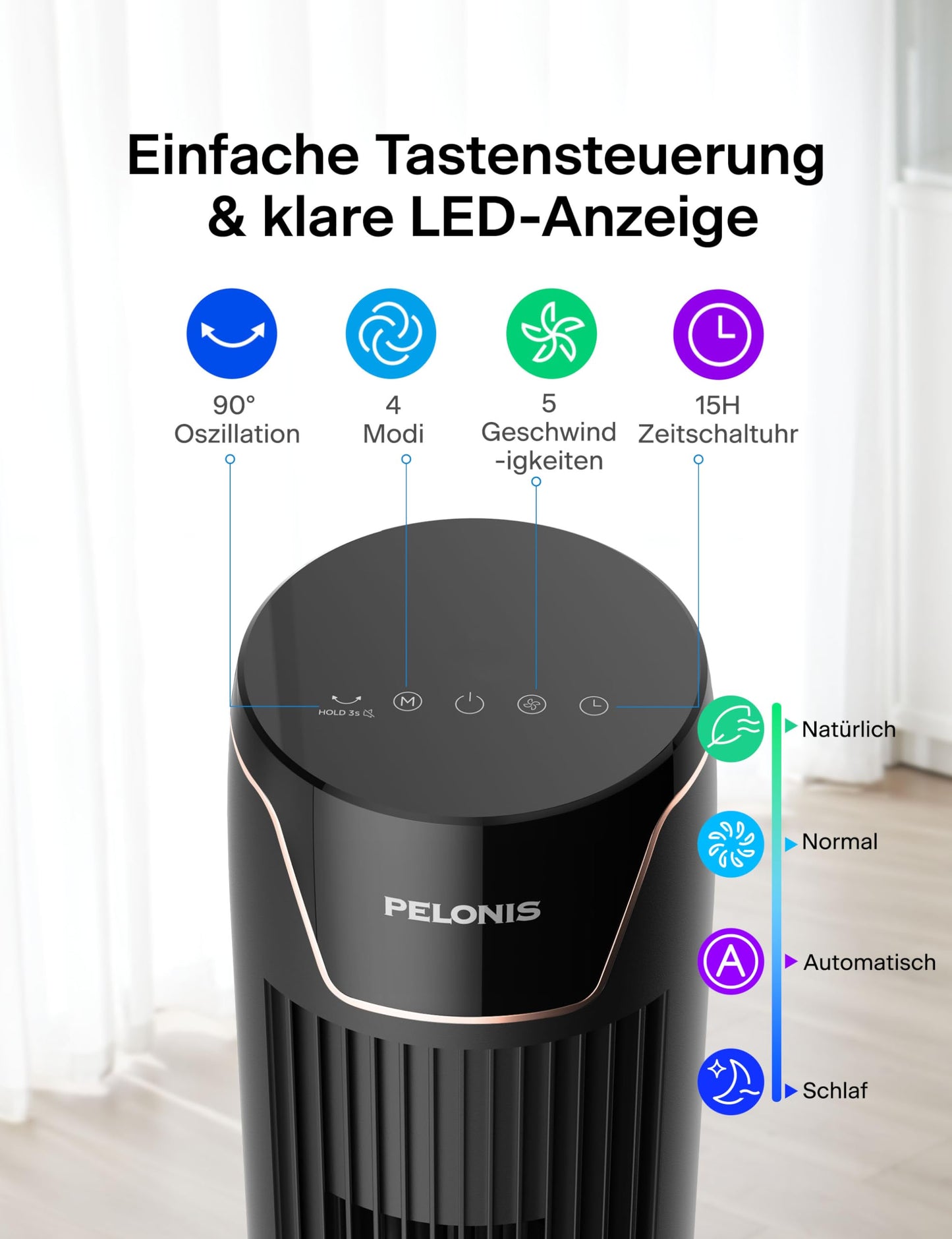 Pelonis Oscillating Tower Fan with Remote Control, Electric Standing Tower Fan Floor Fan for Bedroom, Office and Home, Quiet Cooling Portable Bladeless Tower Fans - PE-SC-FZ10-25MR-DE