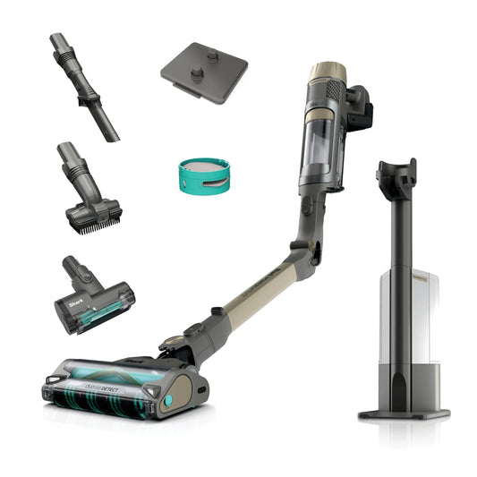 Shark PowerDetect Clean & Empty cordless vacuum cleaner with suction station, up to 70 minutes running time, wireless, self-draining, for animal hair, allergy sufferers, carpets and hard floors, with LED light, gold, IP3253EUT