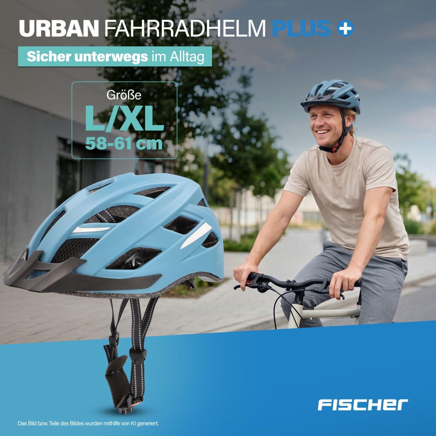 FISCHER adult bicycle helmet, cycling helmet, city helmet Urban Plus Chicago, L/XL, 58-61 cm, blue, with integrated LED rear light - 50634:FISCHER