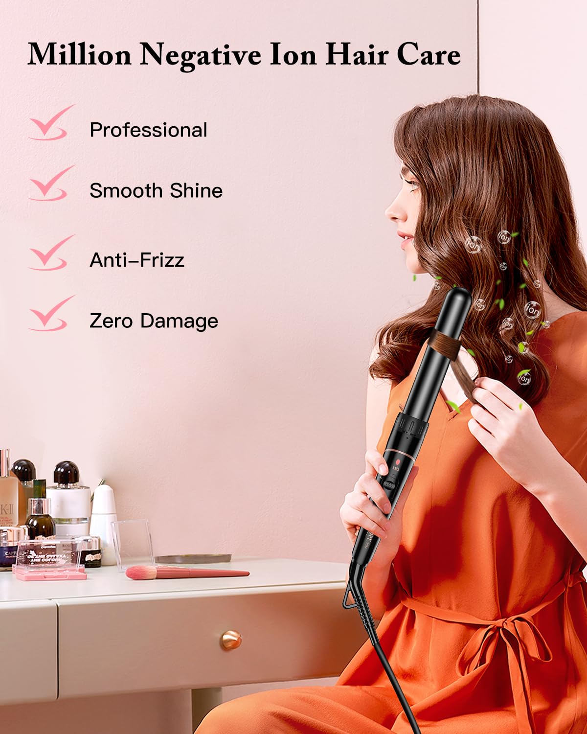 Curling iron large and small curls set - 6 in 1 with different attachments, anti-static ceramic tourmaline coating, wave iron for beach waves - L-F