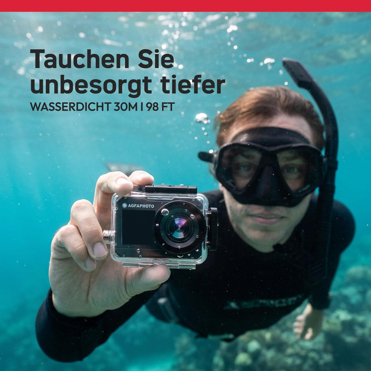 AgfaPhoto - Cameră sport - AC7000 - True 2.7K 30FPS, Ecran tactil dublu, Unghi larg de 120°, Carcasă rezistentă la apă până la 30m - WiFi - 10 accesorii incluse