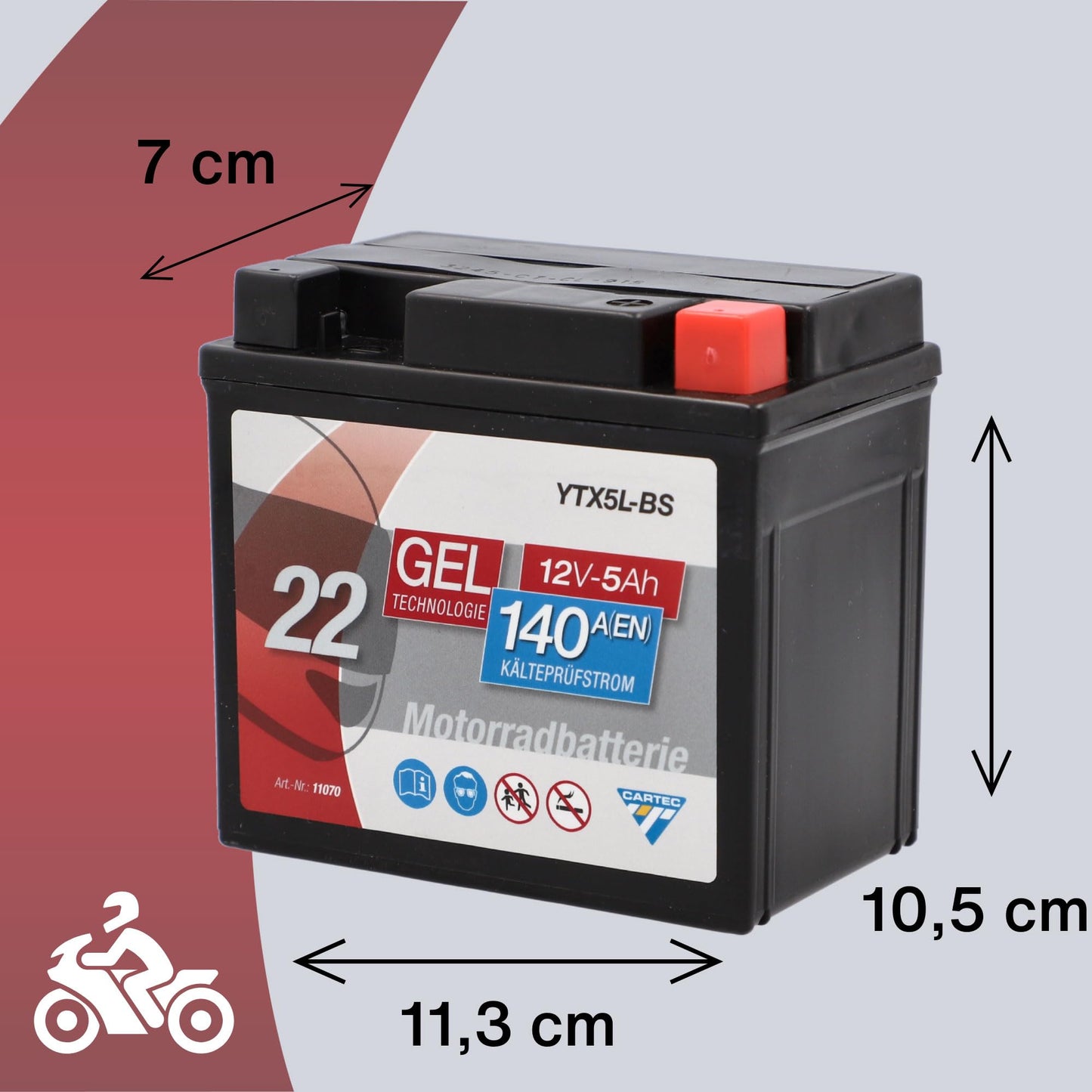 CARTEC motorcycle battery YTX5L-BS, 5Ah, 140A, gel technology motorcycle starter battery, original equipment manufacturer quality, cycle-proof, storable, maintenance-free, black - 11070