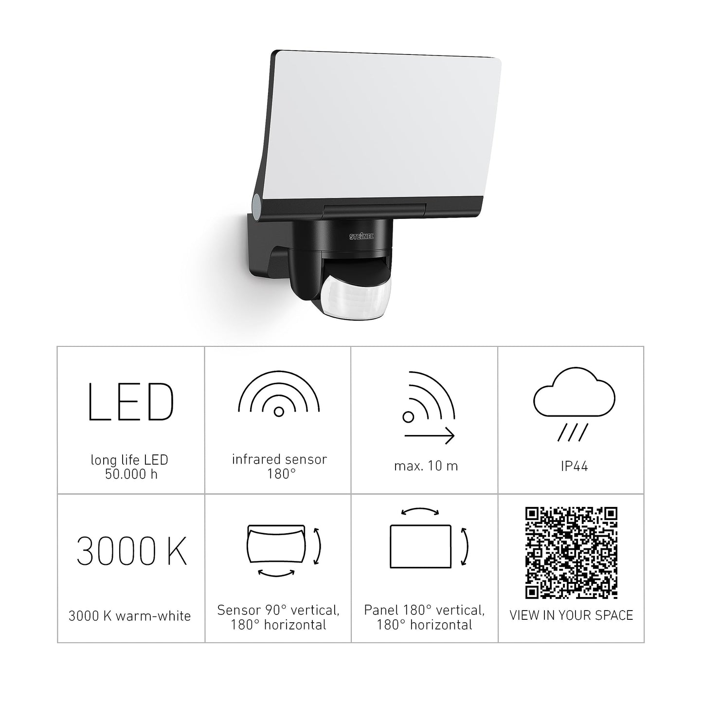 Steinel LED spotlight XLED Home 2 S black, floodlight, fully swiveling, 13.7 W, 180° with motion detector, 10 m range, 1550 lm - 33071