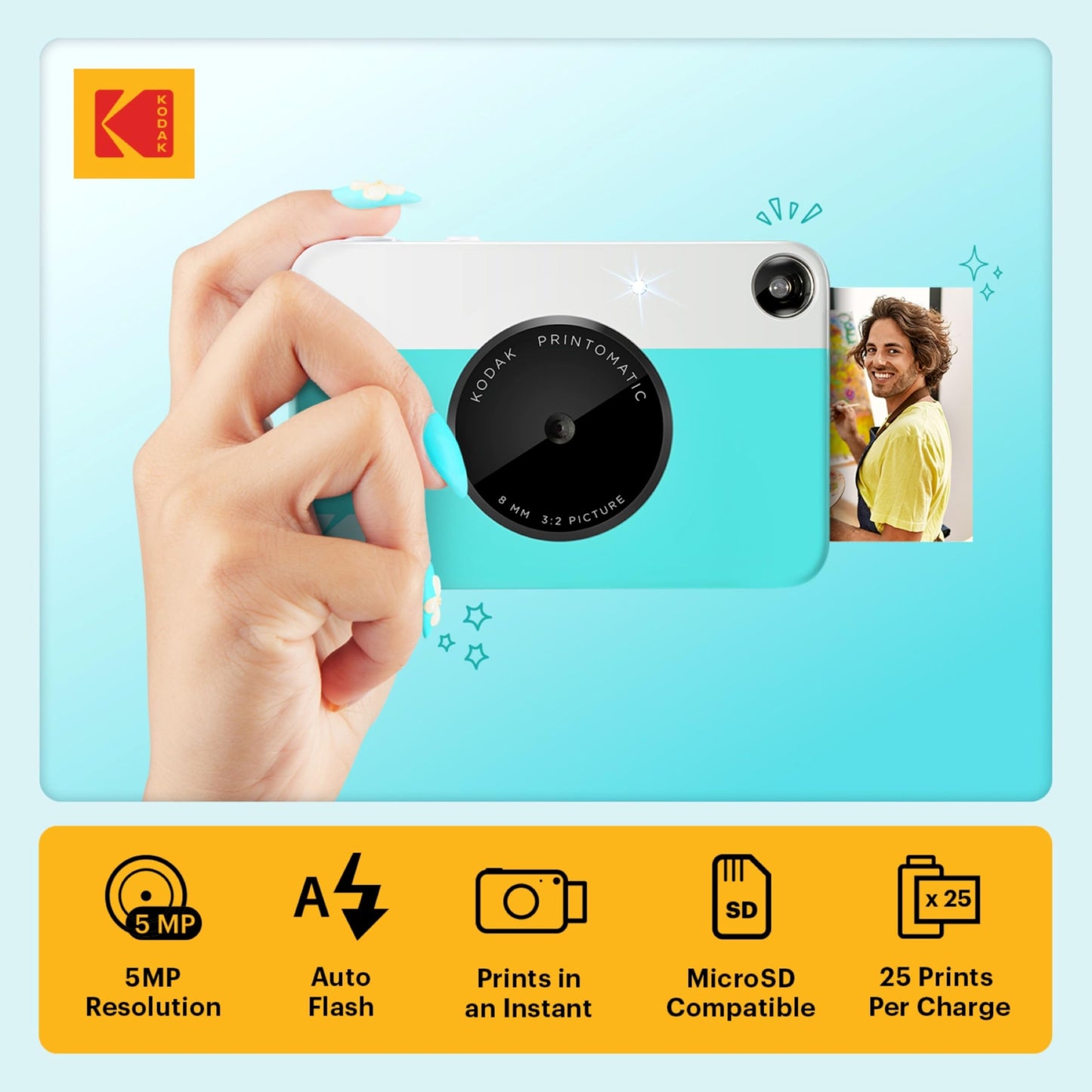 Kodak Printomatic Instant Camera – 75 Sheet Package – 5MP – Zinc 2x3 Photos – Portable – Blue - AMZNBRODMATBL