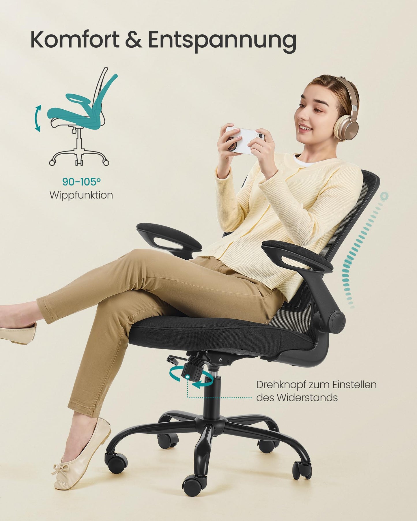 SONGMICS ergonomic office chair, swivel chair with mesh, lumbar and headrest, rocker function, 53 cm seat, folding armrests, study and bedroom, students, black OBN37BK