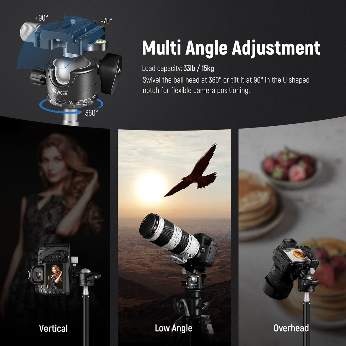 NEEWER Cap de bilă cu profil redus pentru trepied, 36mm metal panoramic, GM36 - GM36/36mm