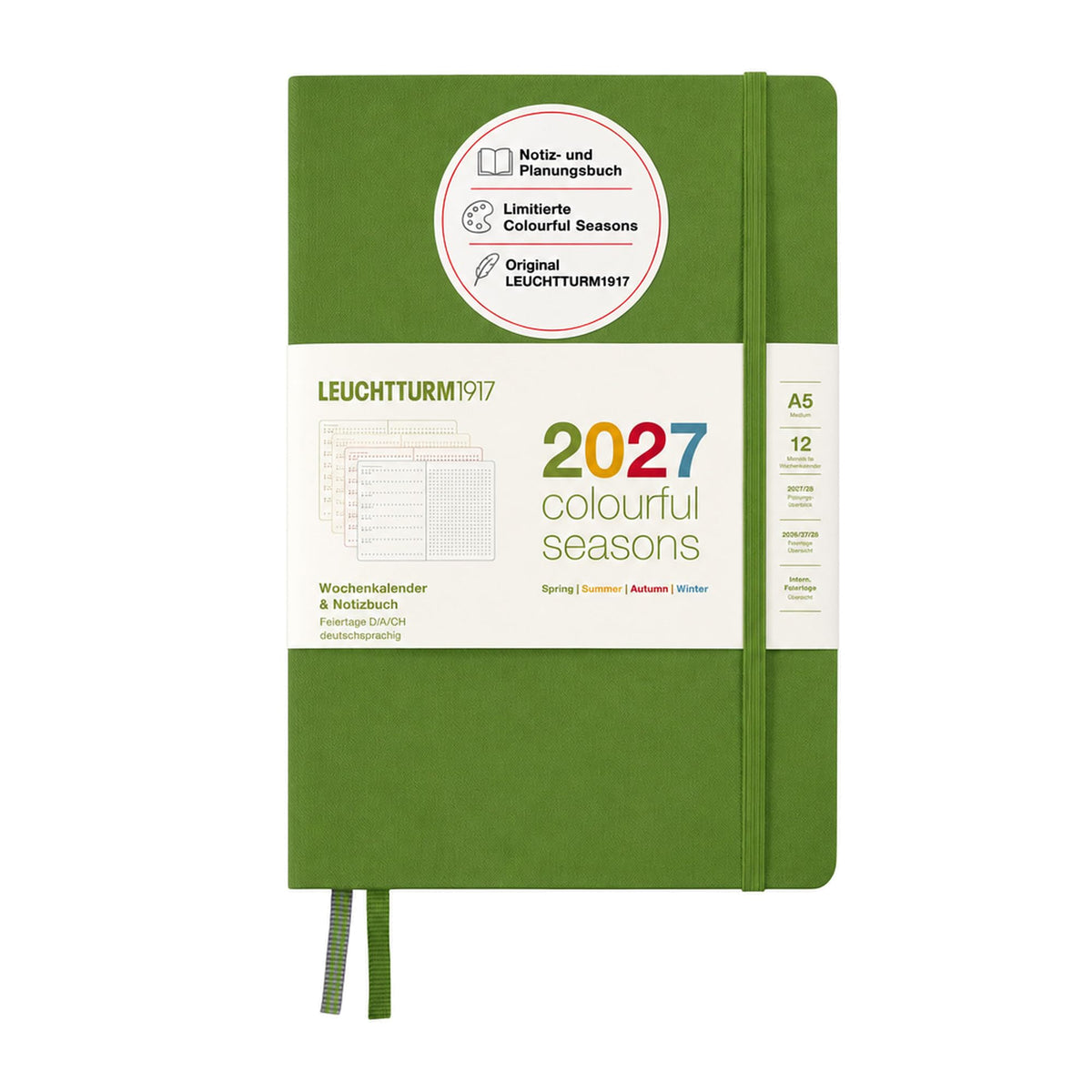 LEUCHTTURM1917 Weekly Calendar & Notebook Dotted Medium (A5) 2027, Colorful Seasons Green, German Hardcover Calendar Overview 2026/2027/2028, Planning Overview 01.27-12.28, Project Planner, Folding Pocket - 400198