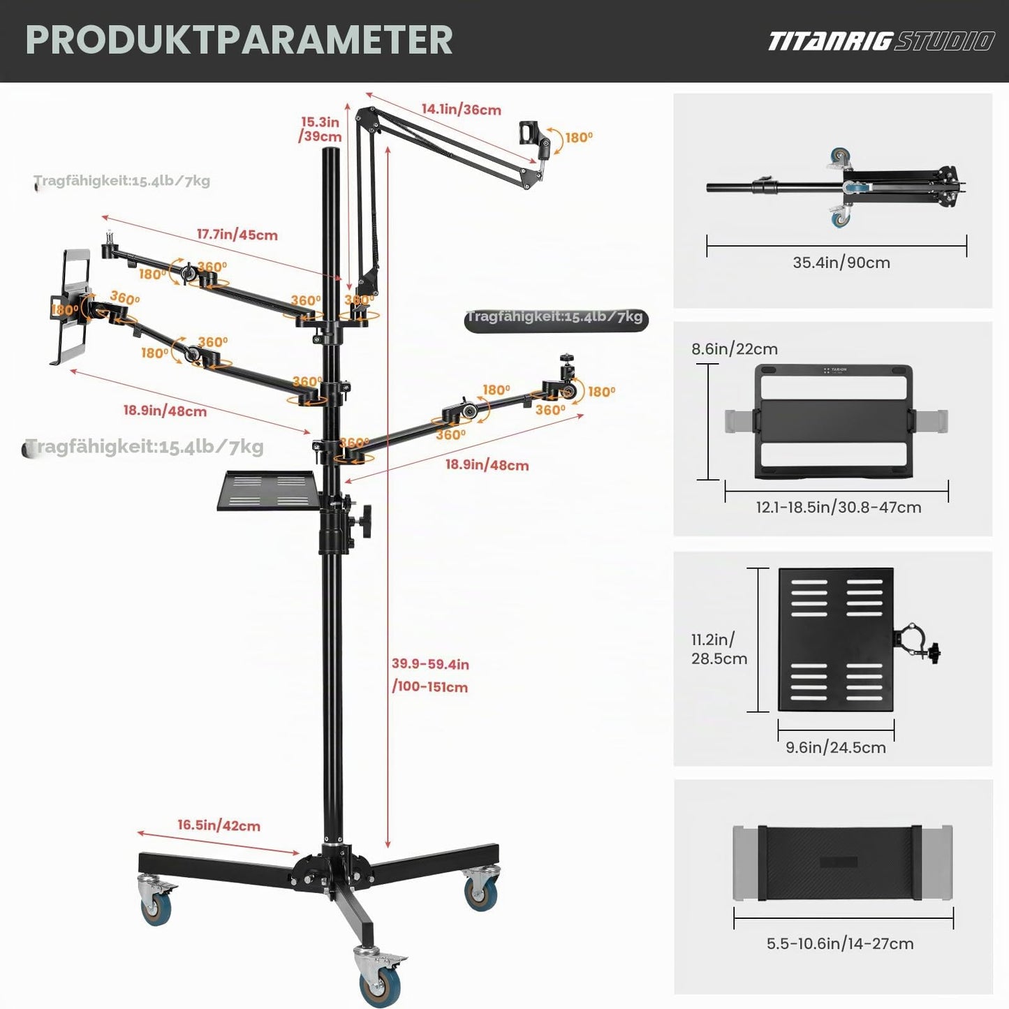 TARION table tripod camera overhead tripod: camera table mount clamp tripod flexible table mount with 4 articulated arms for ring light monitor microphone photography video live streaming titan rig (hallway set) - TitanRig-Floor-EU