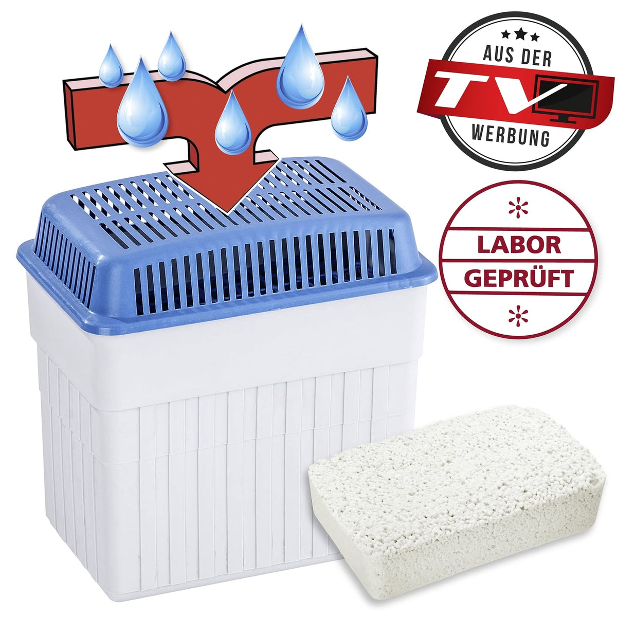WENKO Umidificator cu granule de 2 kg, dezumidificator de cameră, captează până la 2,8 l de umiditate, testat în laborator, refillabil, reduce mucegaiul și mirosurile, dimensiuni 23 x 24 x 15,5 cm, Gri/Albastru - 5410120500