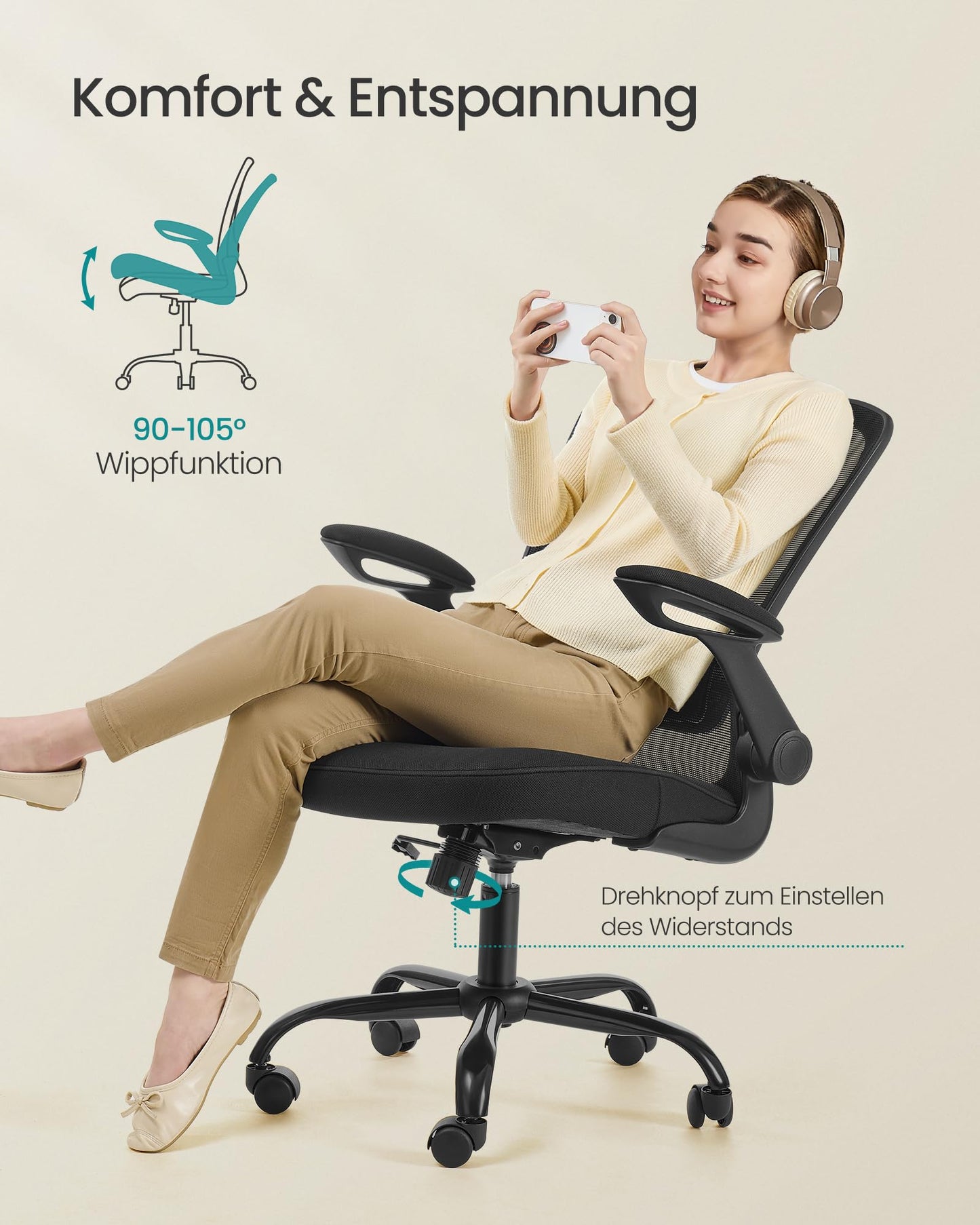 SONGMICS ergonomic office chair, swivel chair with mesh, lumbar and headrest, rocker function, 53 cm seat, folding armrests, study and bedroom, students, black OBN37BK