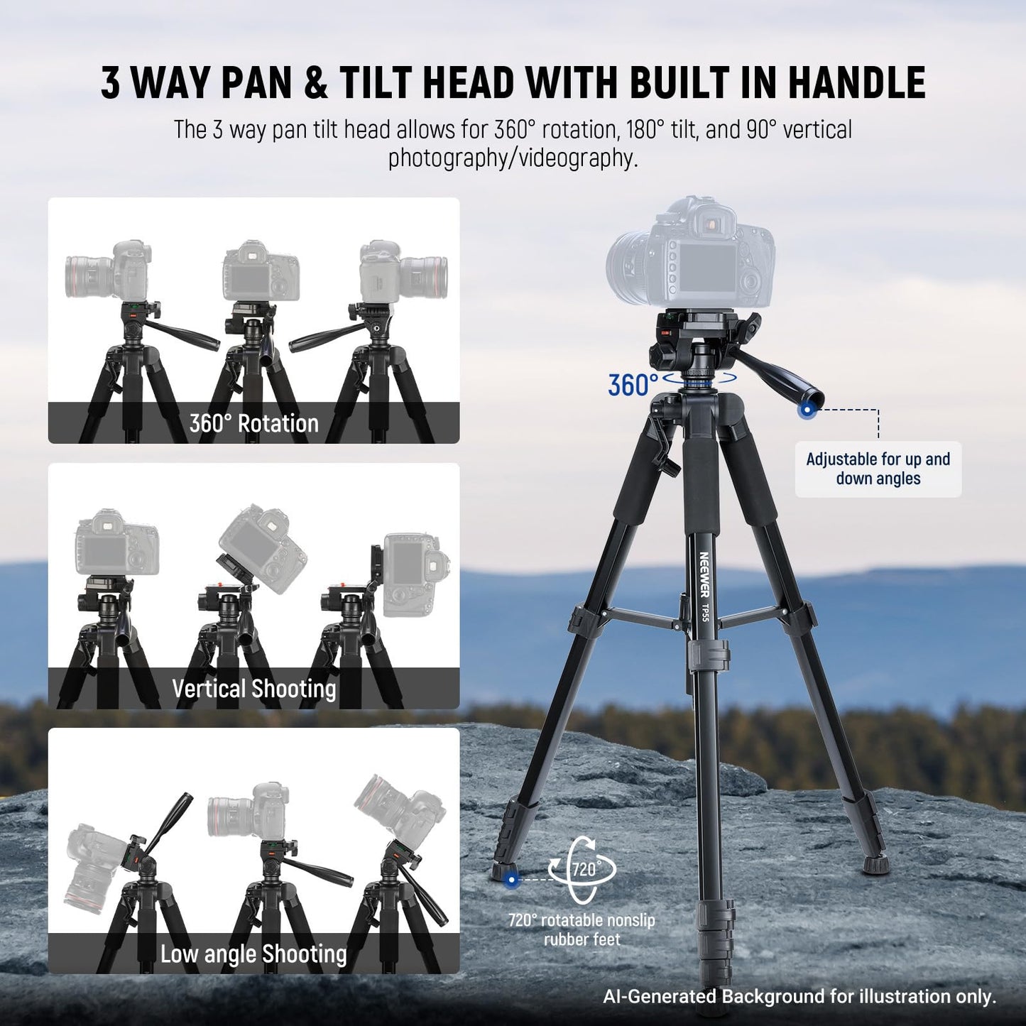 NEEWER Basics Camera Tripod, 71'' Tripod with Mobile Phone Holder, Compatible with iPhone for Video Recording, Professional, Lightweight, Portable Aluminum Travel Tripod with 3-Way Tilt Head, TP55