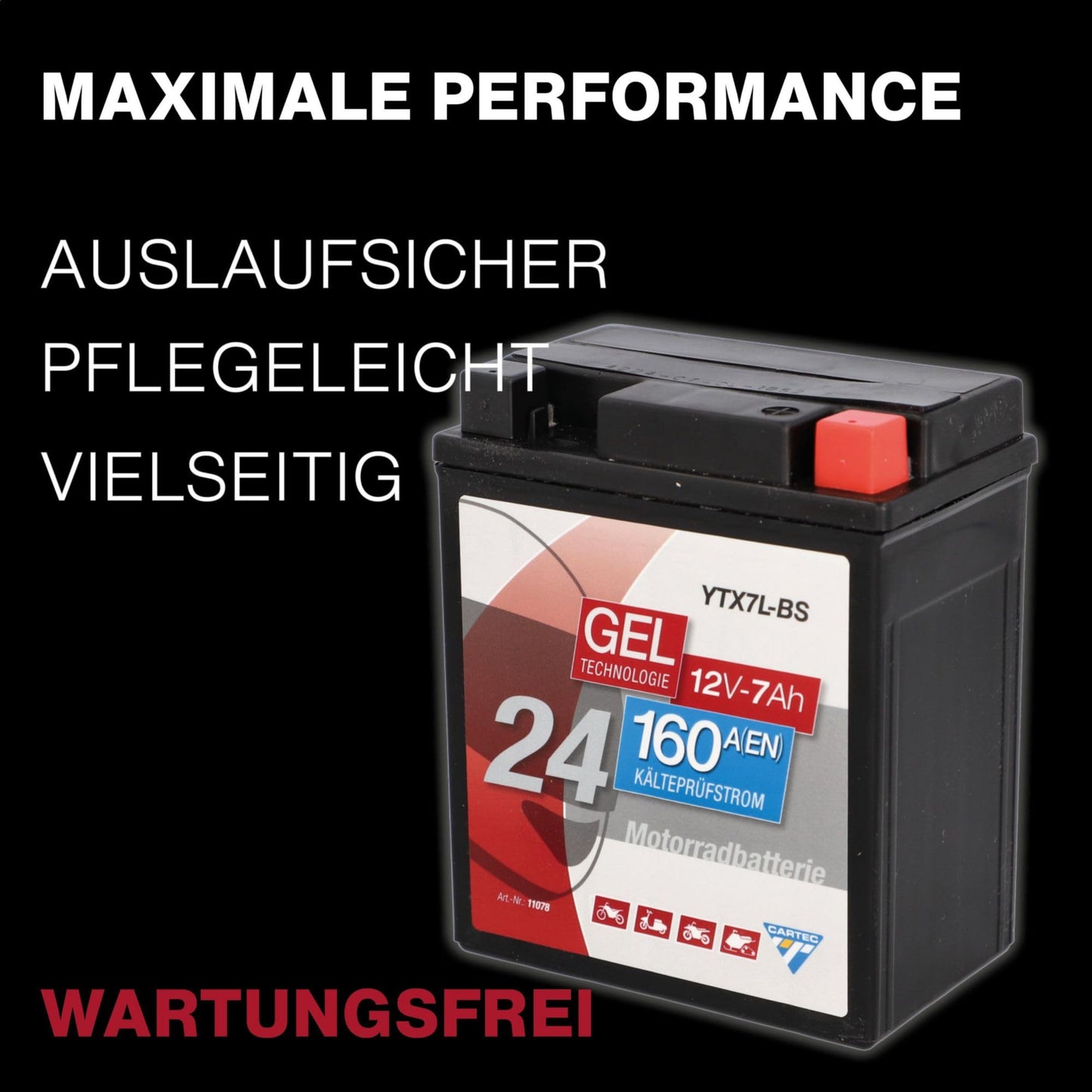 CARTEC motorcycle battery YTX7L-BS, 7Ah, 160A, gel technology motorcycle starter battery, original equipment manufacturer quality, cycle-proof, storable, maintenance-free, black - 11078