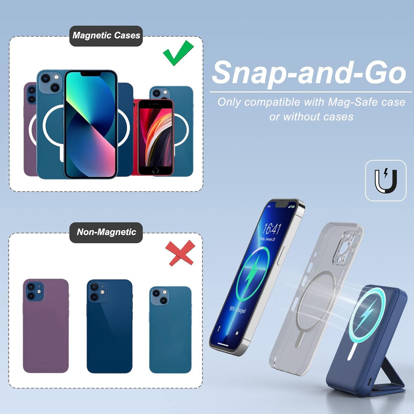 AOGUERBE Wireless Power Bank, 10,000mAh Foldable Magnetic Power Bank PD 22.5W Fast Charging with LED Display, Compatible with MagSafe for iPhone 17/16/15/14/13/12/Pro/Pro Max Series. (navy blue) - KT-D009