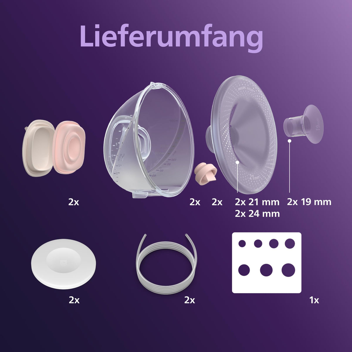Philips AVENT hands-free double collection cups, ultra-lightweight and transparent collection cups for the electric breast pump, 4 breast shields (2 x 21 mm, 2 x 24 mm), 2 x 19 mm inserts, SCF439/01