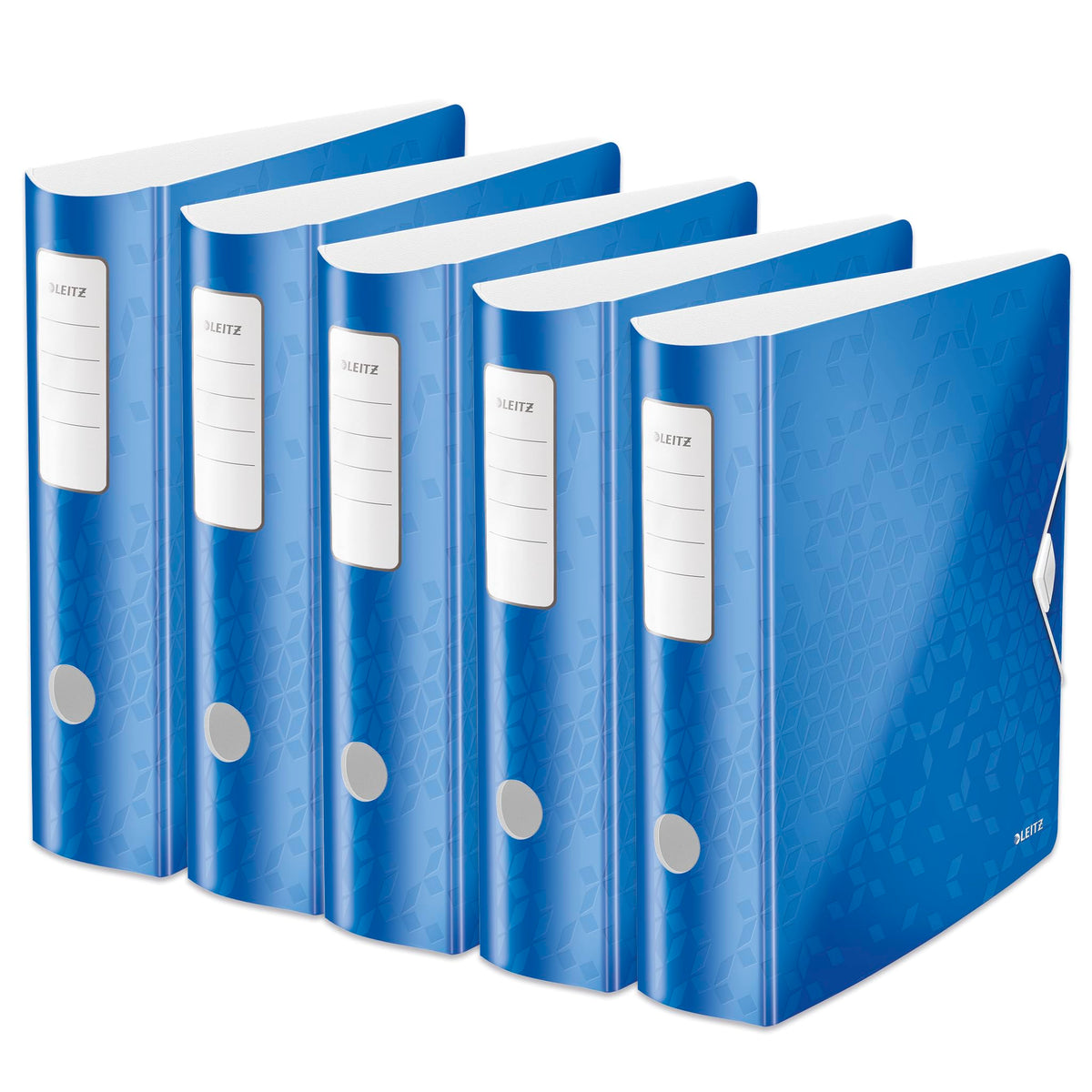 Dosar calitate Leitz 180° Active WOW, pachet de 5, A4, lat, cotor rotunjit, 8,2 cm lățime, închidere cu bandă elastică, polispumă ușoară, dosar din plastic, seria WOW, albastru, 11060036 - 938994
