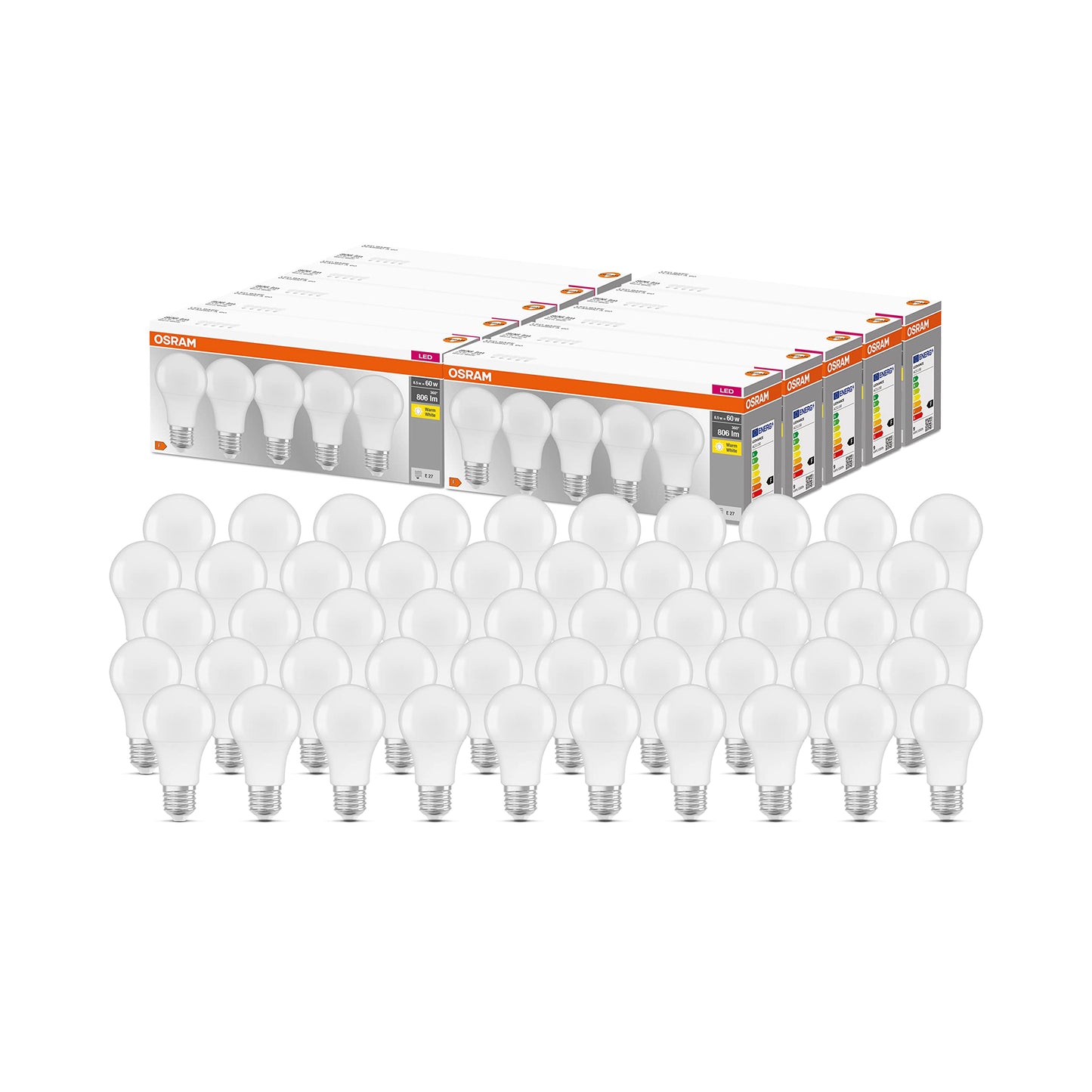 Osram LED bulb, base: E27, warm white, 2700K, 8.50W, replacement for 60W bulb, matt, LED BASE CLASSIC A, 10 x pack of 5 - 4058075090491