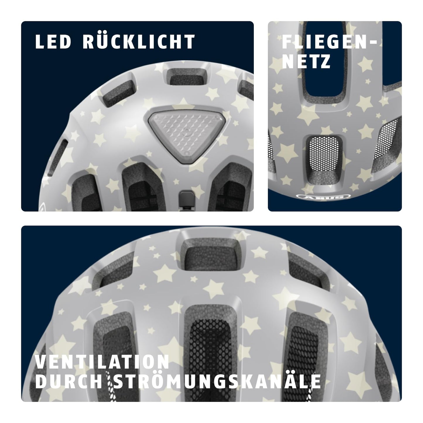 ABUS Youn-I 2.0 bicycle helmet - with light for children, teenagers and young adults - for girls and boys - gray with star pattern, size S - 63810