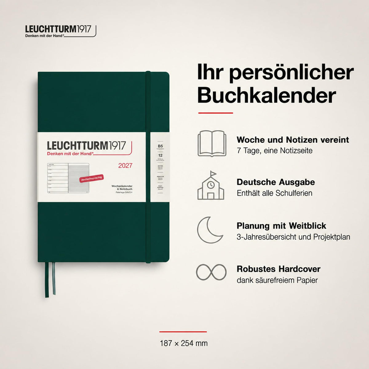 LEUCHTTURM1917 Calendar săptămânal 2027 Compoziție (B5) cu caiet - Planificator de întâlniri german, Verde pădure, ianuarie-decembrie 2027, Prezentare generală săptămânală în stânga + Pagina de note în dreapta - 400043
